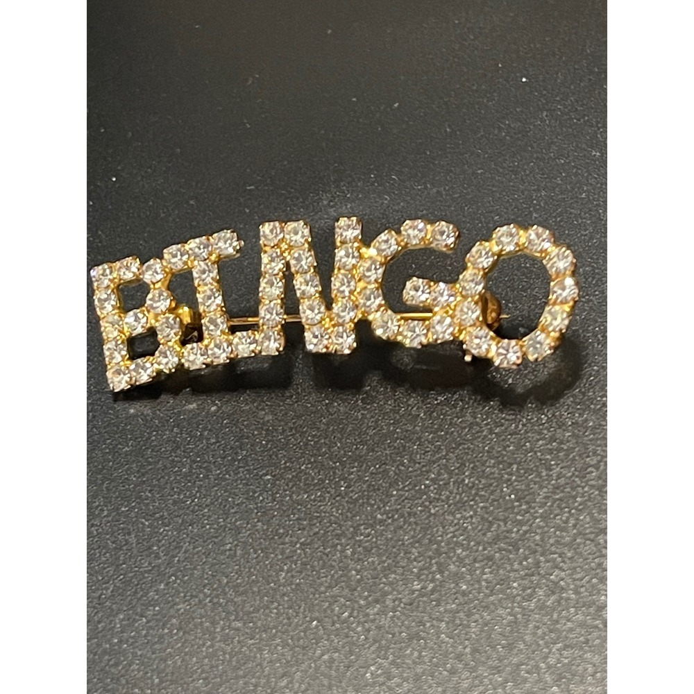 Vintage Bingo Rhinestone Brooch Gold Tone Word Pin Lucky Charm Novelty Jewelry